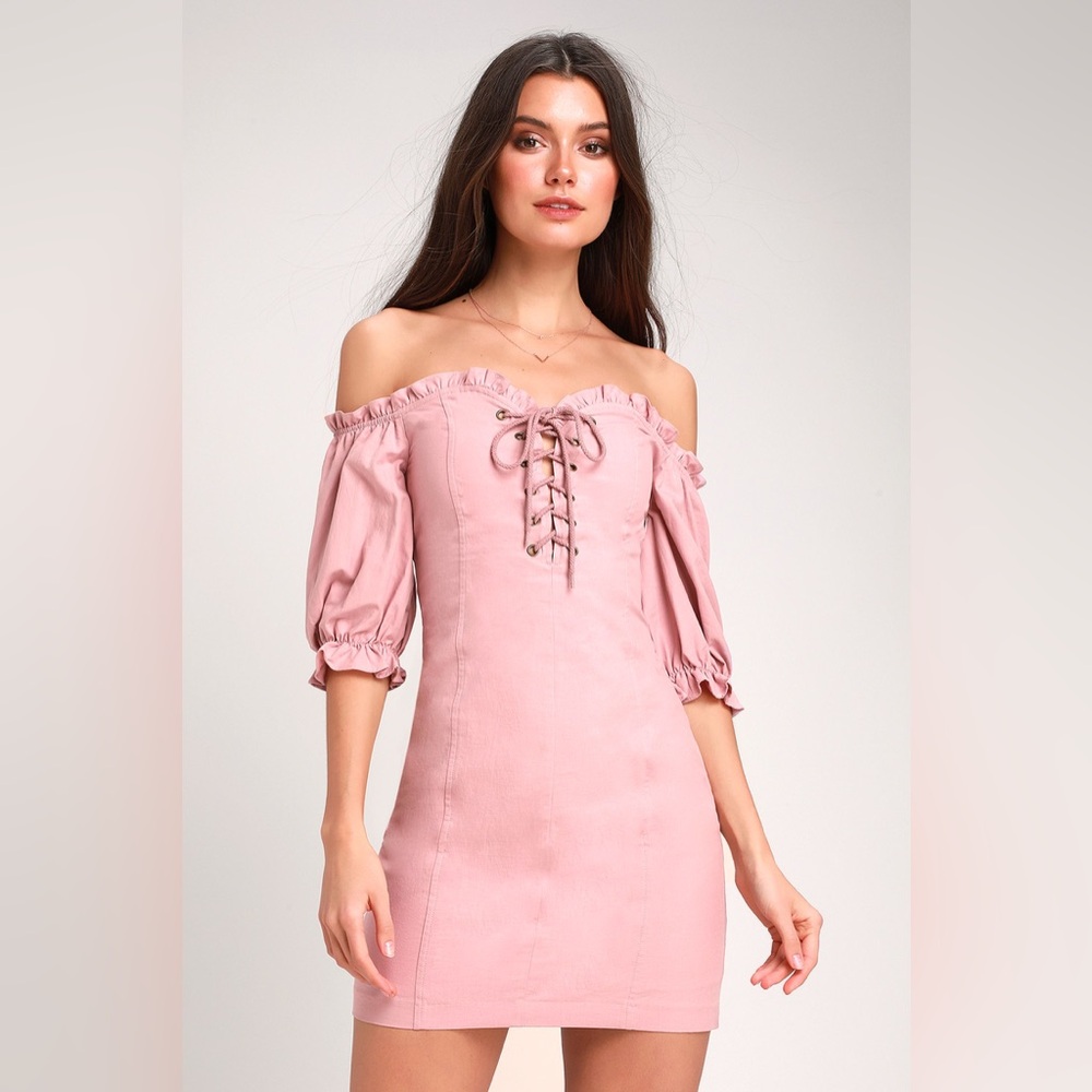 NWT Lulu's See Ya Later Mauve Pink Off-the-Shoulder Lace-Up Dress